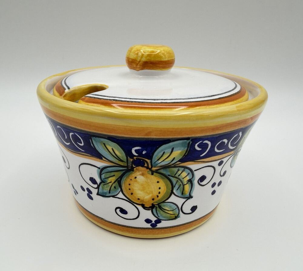 Deruta Italian Pottery Hand Painted Limone Lemon Lidded Sugar Bowl 4.5” Italy
